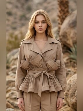 Pleated Tie-Waist Blouse - Beige